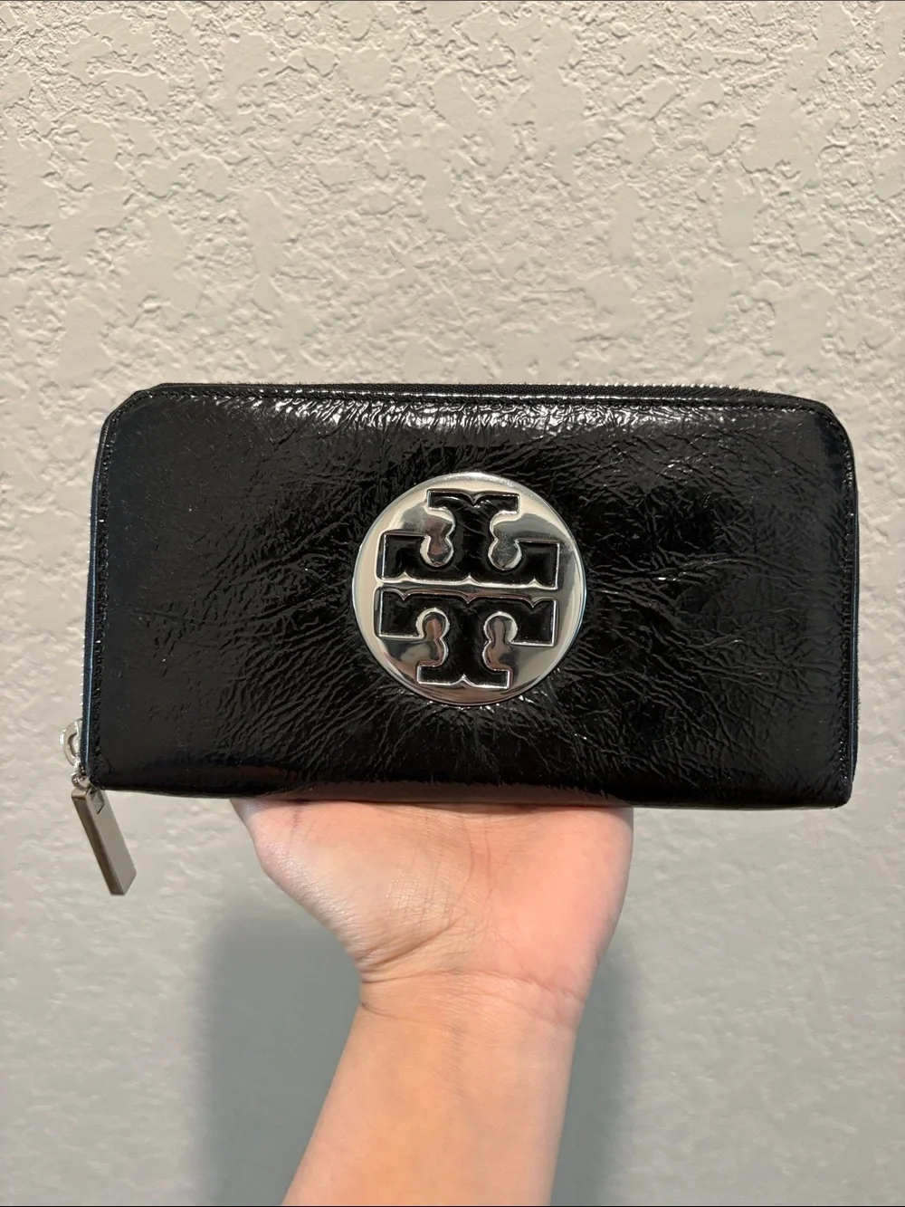 Tory Burch Black Patent Leather Zip-Around Wallet with Silver Logo Medallion